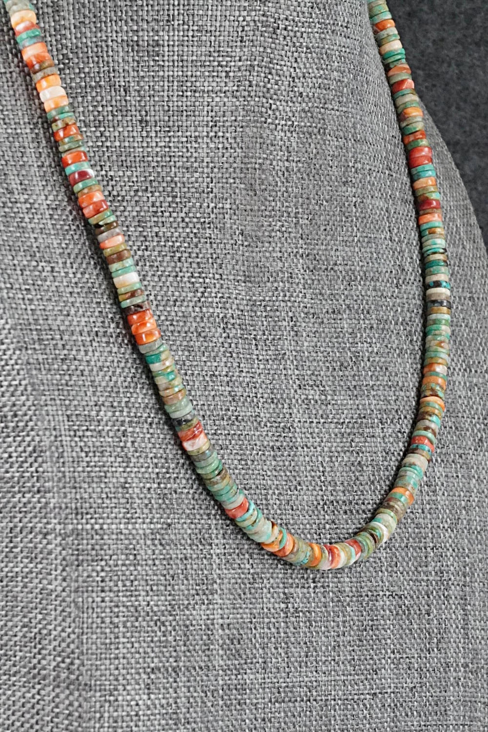 Turquoise, Spiny Oyster & Sterling Silver Necklace 17" - Doreen Jake