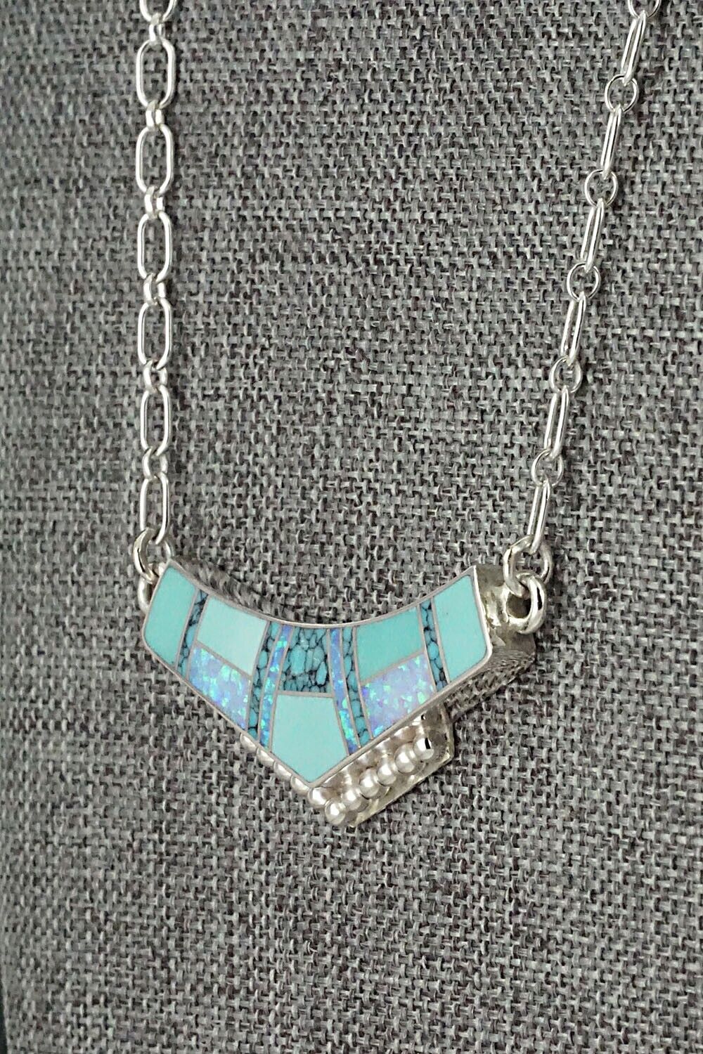 Turquoise, Opalite & Sterling Silver Inlay Necklace - Curtis Manygoats