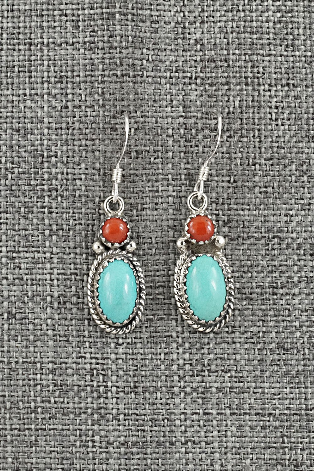 Turquoise, Coral & Sterling Silver Earrings - Verley Betone