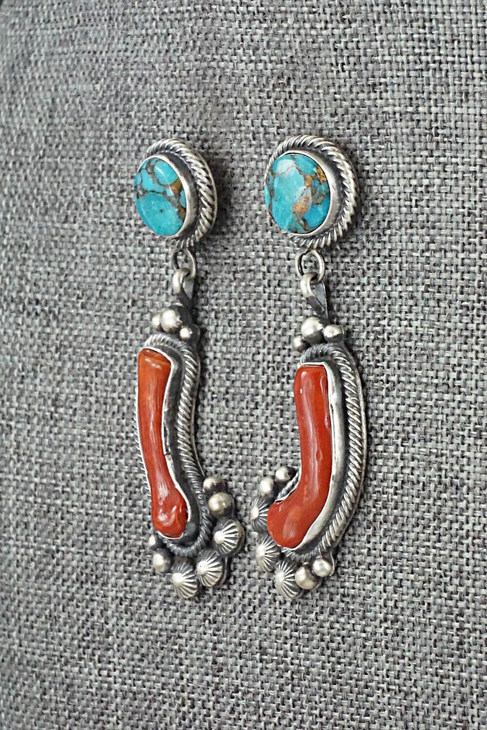 Turquoise, Coral & Sterling Silver Earrings - Tom Lewis