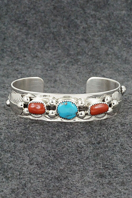 Turquoise, Coral & Sterling Silver Bracelet - Wilbur Myers
