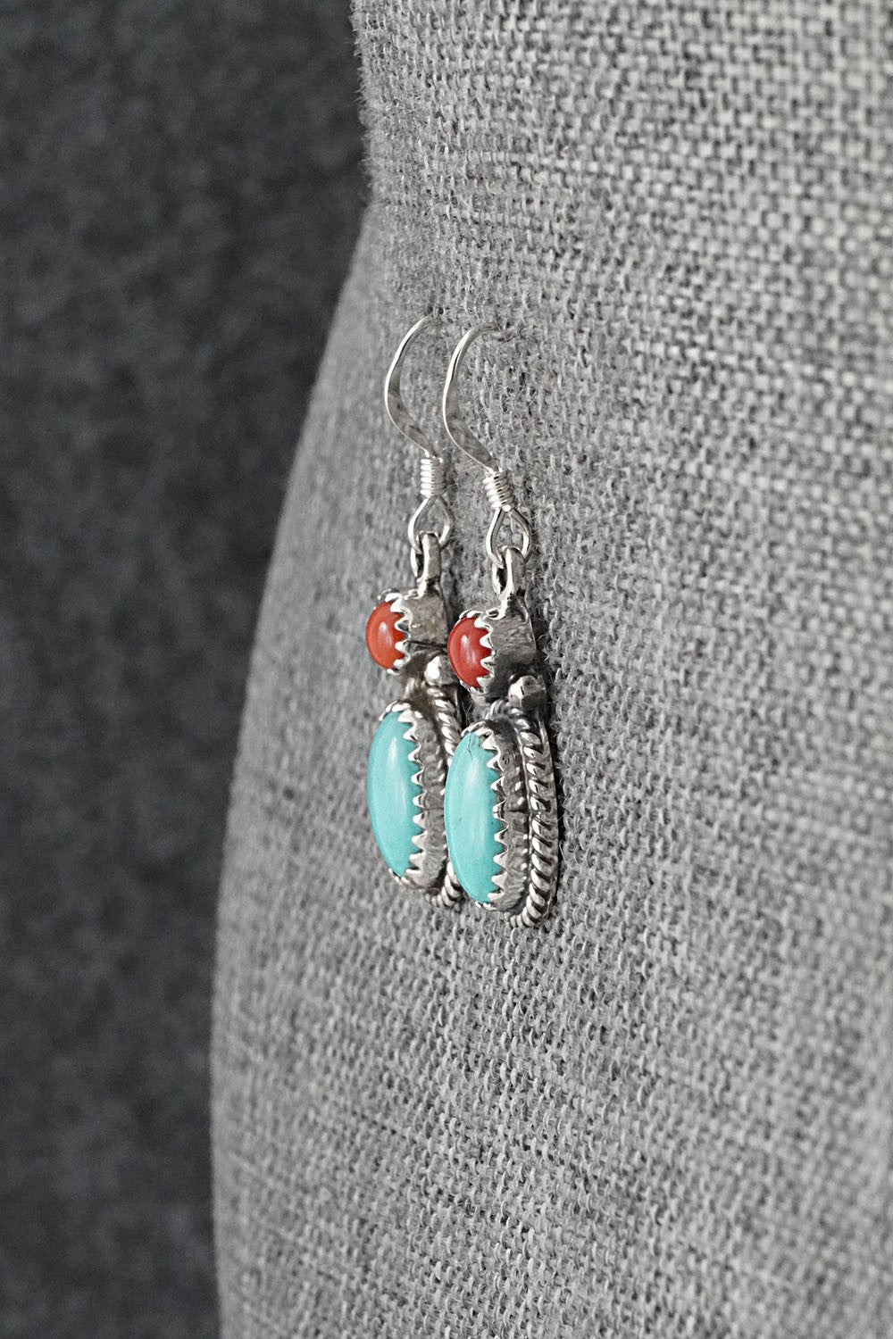 Turquoise, Coral & Sterling Silver Earrings - Verley Betone