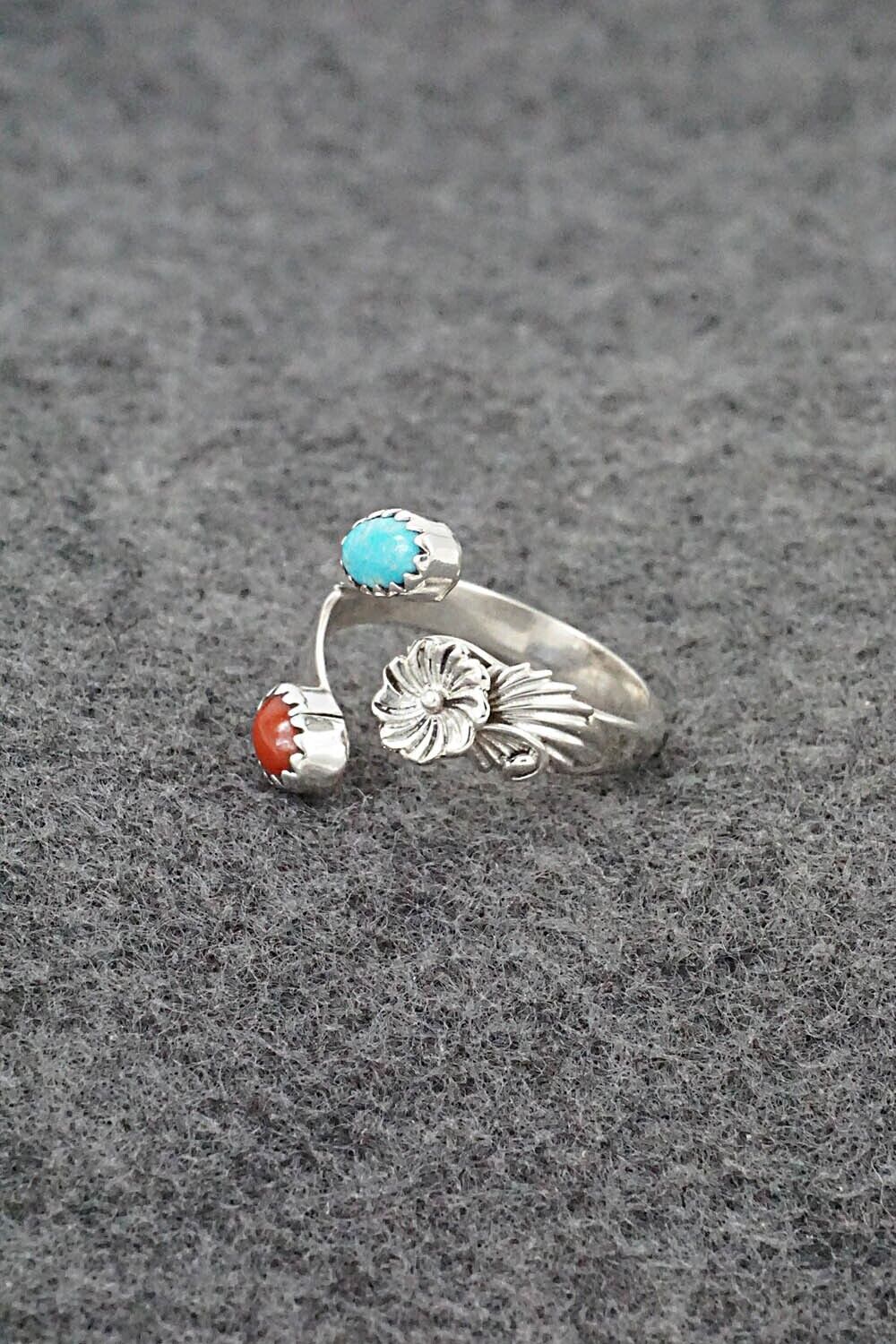 Turquoise, Coral & Sterling Silver Ring - Robert Martinez - Size 7.5