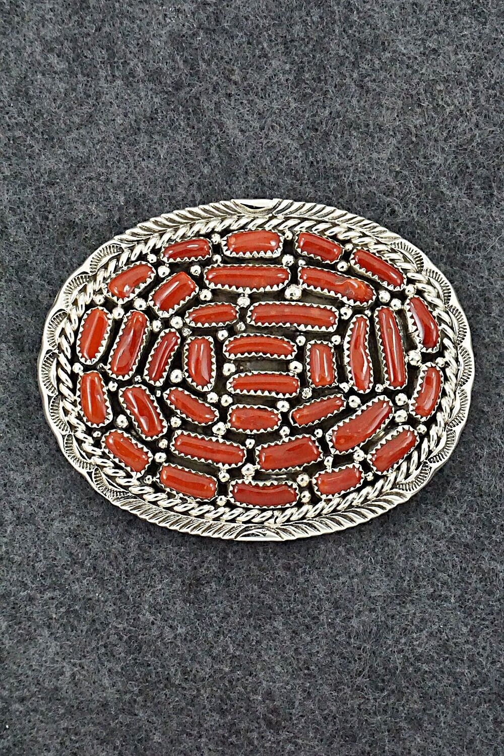 Coral & Sterling Silver Belt Buckle - Marlene Haley