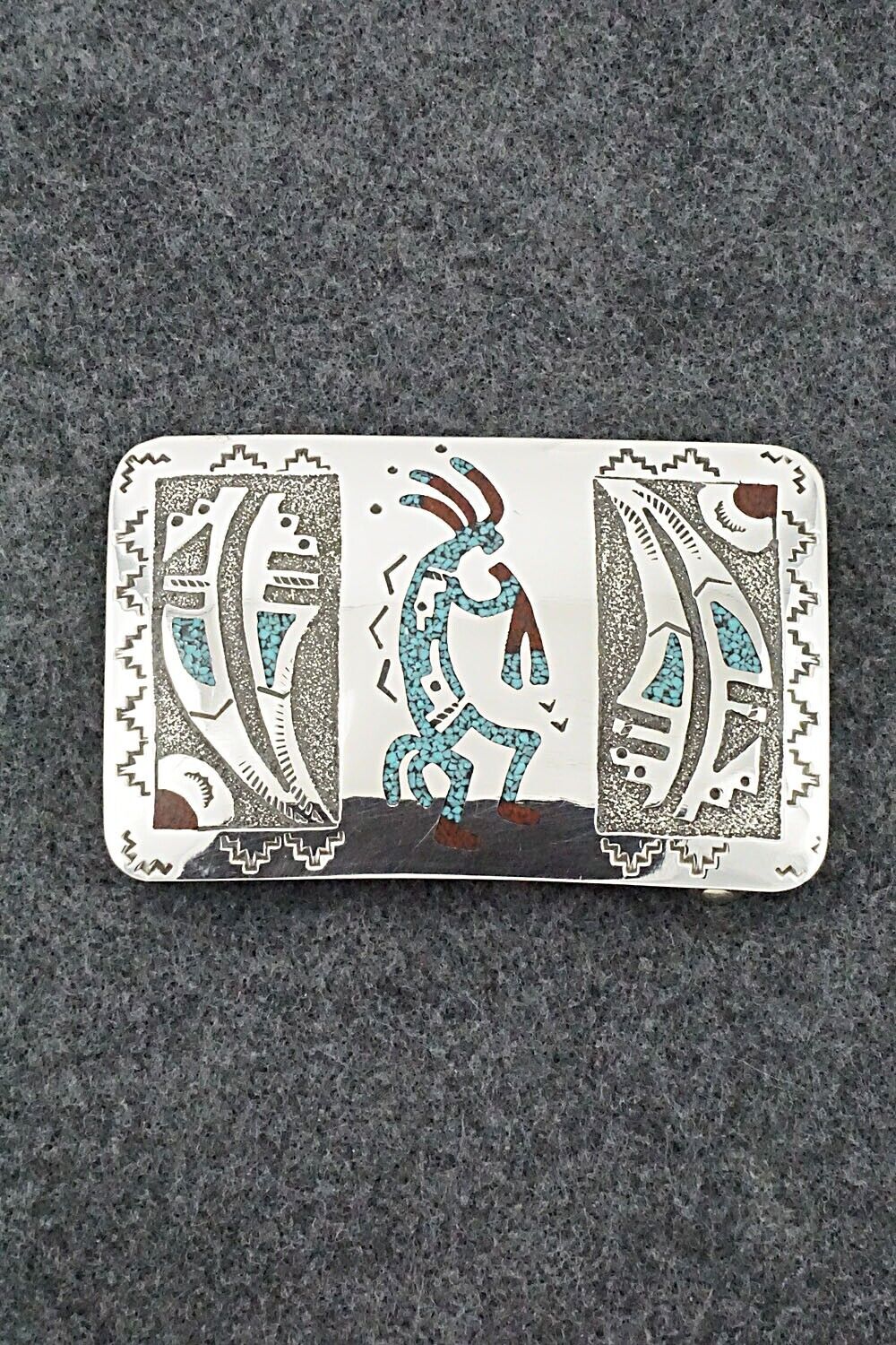 Turquoise, Coral Chip Inlay & Sterling Silver Belt Buckle - Raymond Begay