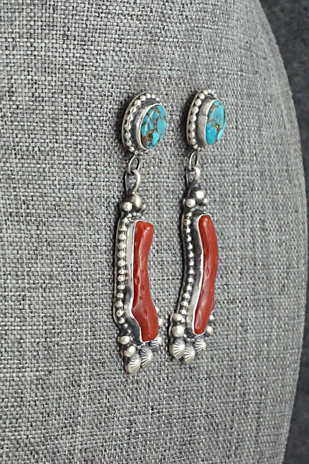Turquoise, Coral & Sterling Silver Earrings - Tom Lewis