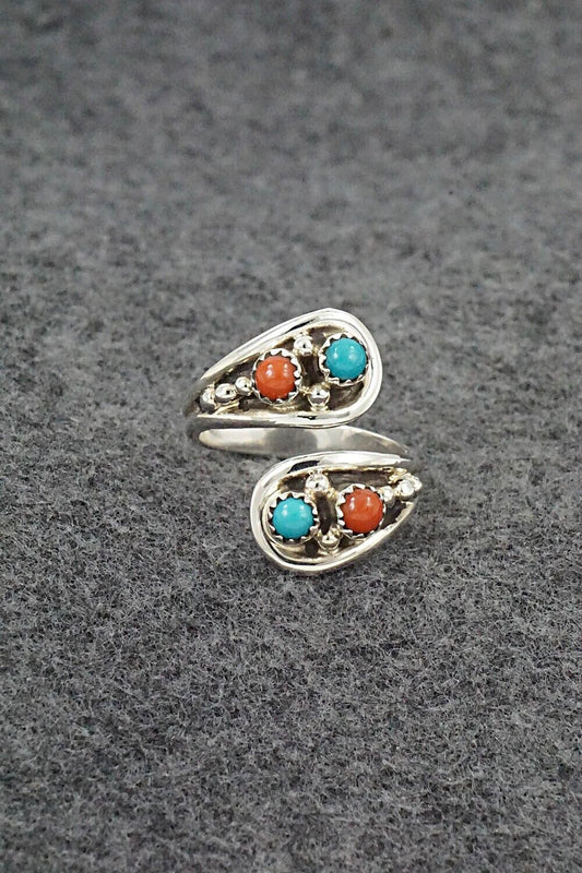 Turquoise, Coral & Sterling Silver Ring - Genevieve Francisco - Size 9