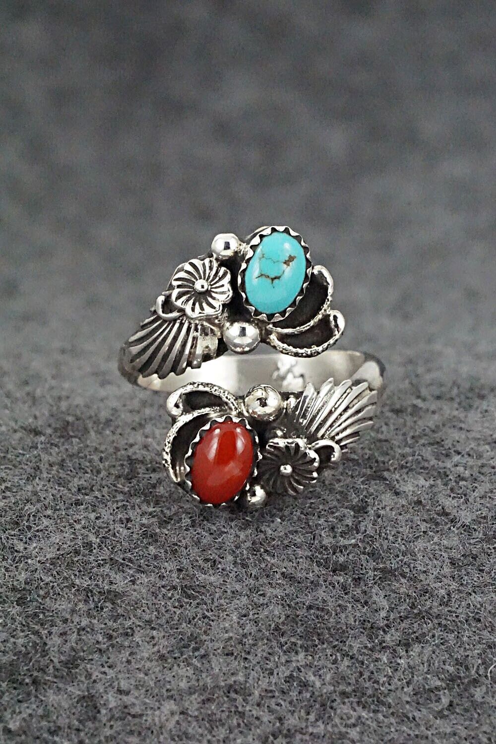 Turquoise, Coral & Sterling Silver Ring - Etta Belin - Size 9