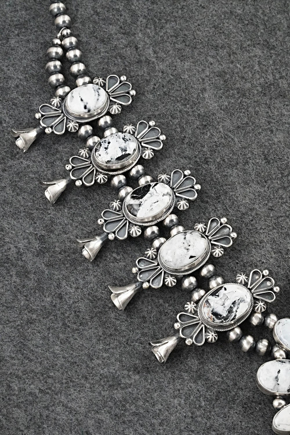 White Buffalo & Sterling Silver Squash Blossom Set - Paul Livingston