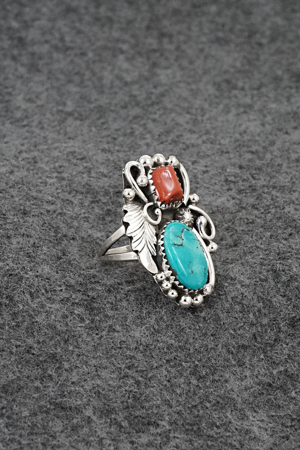 Turquoise, Coral & Sterling Silver Ring - Herbert Begaye - Size 6.5