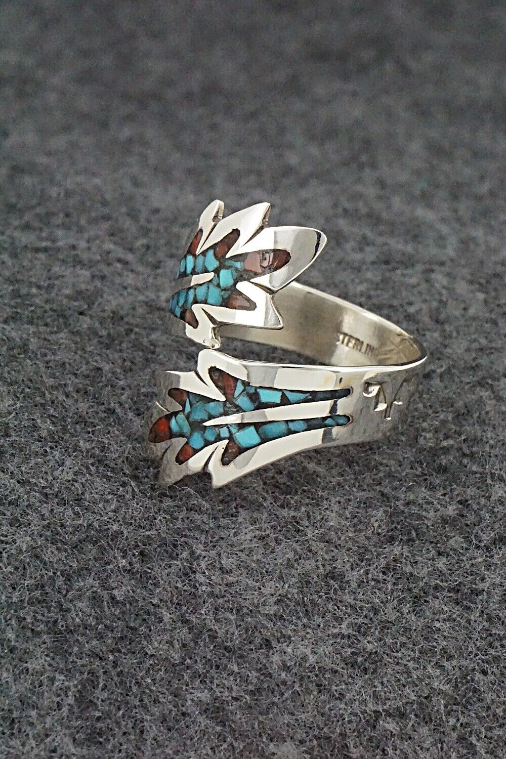 Turquoise, Coral & Sterling Silver Ring - Jolene Yazzie - Size 10