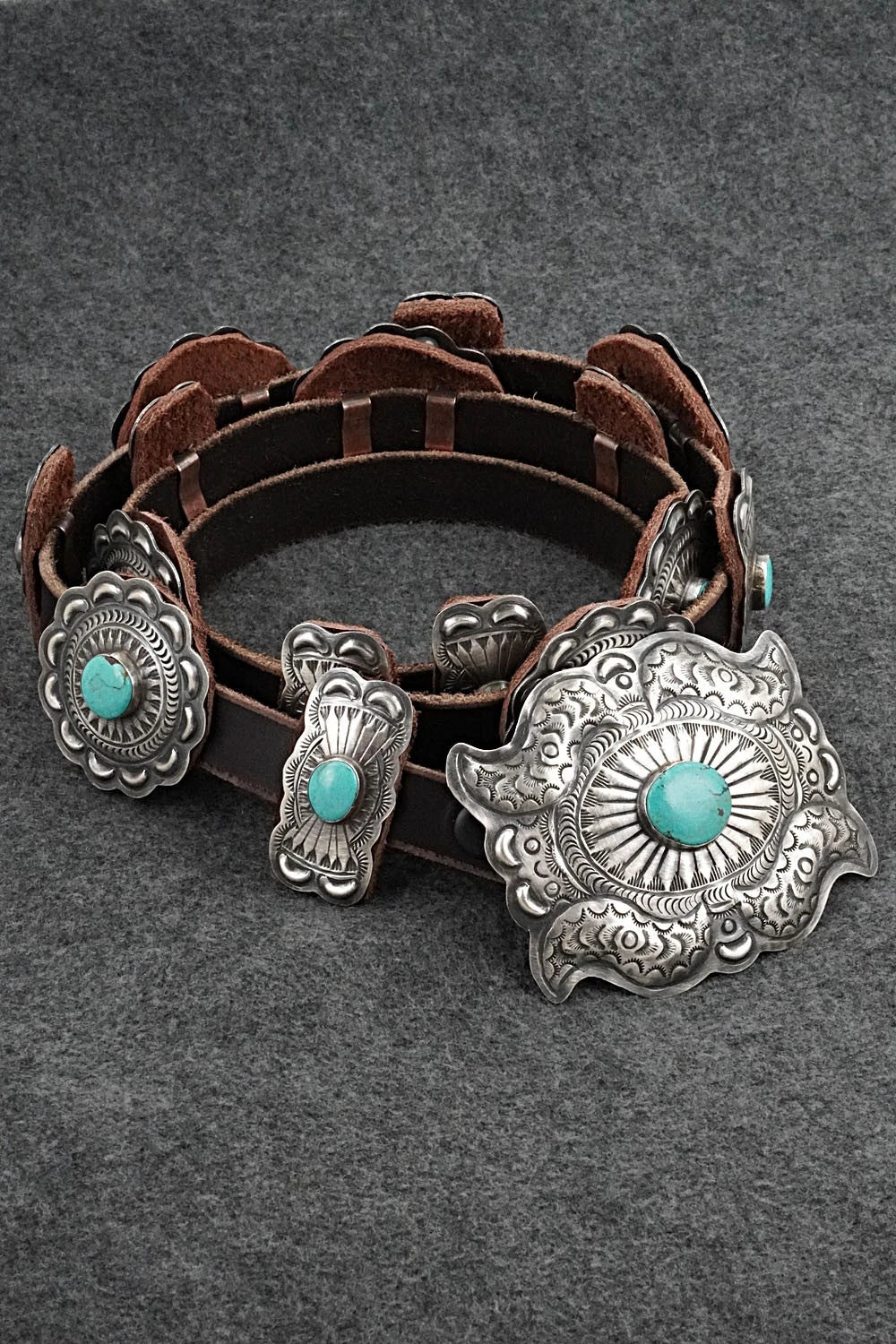 Turquoise, Sterling Silver & Leather Concho Belt - Dan Morgan