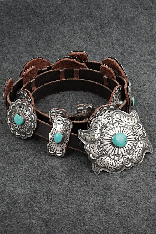 Turquoise, Sterling Silver & Leather Concho Belt - Dan Morgan