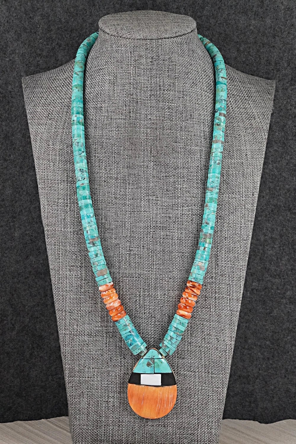 Turquoise, Spiny Oyster and Sterling Silver Necklace - Lupe Lovato
