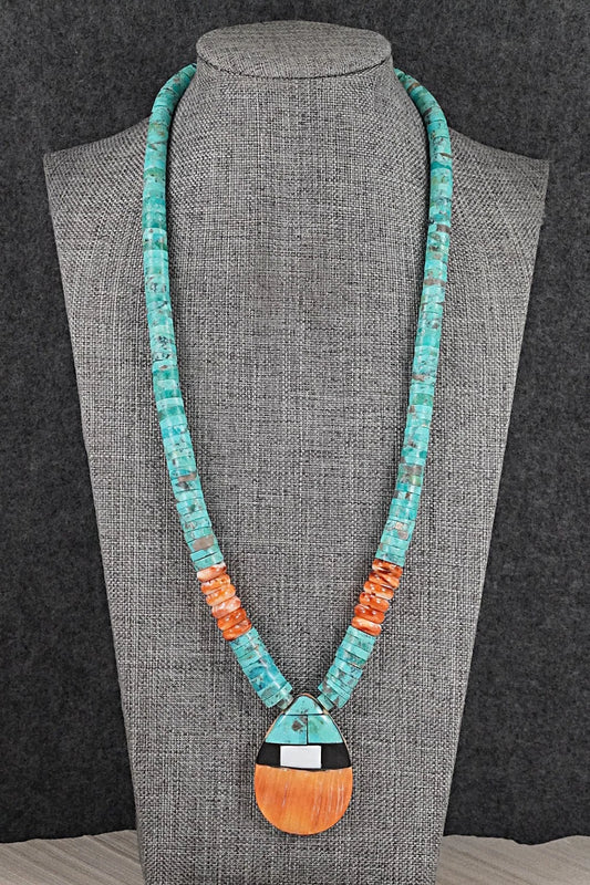 Turquoise, Spiny Oyster and Sterling Silver Necklace - Lupe Lovato