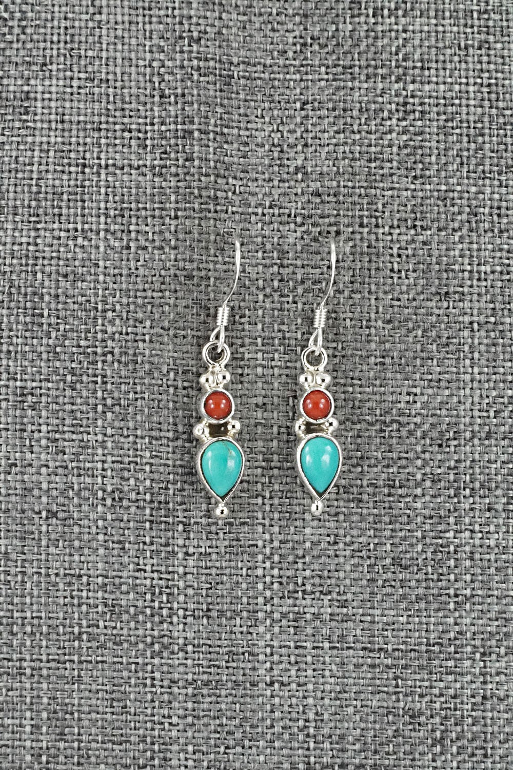 Turquoise, Coral & Sterling Silver Earrings - Gary Shorty