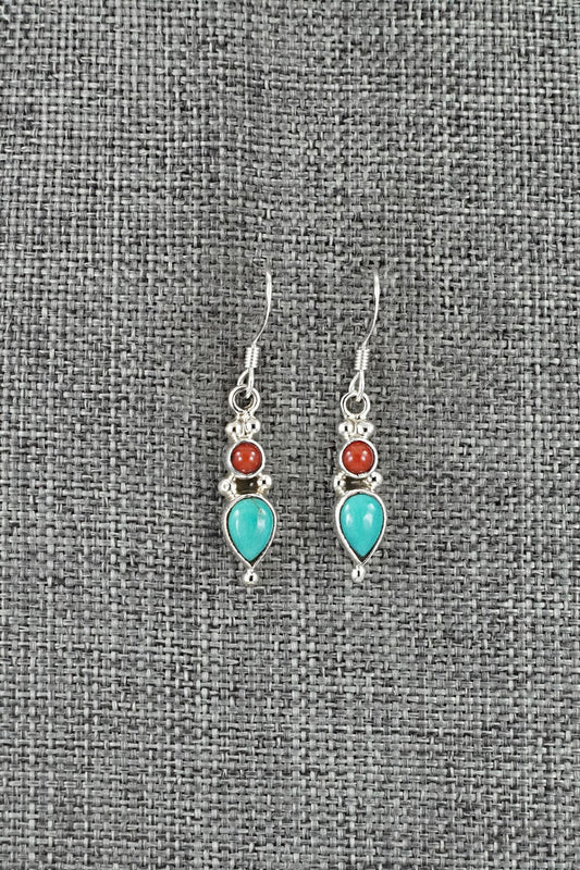Turquoise, Coral & Sterling Silver Earrings - Gary Shorty