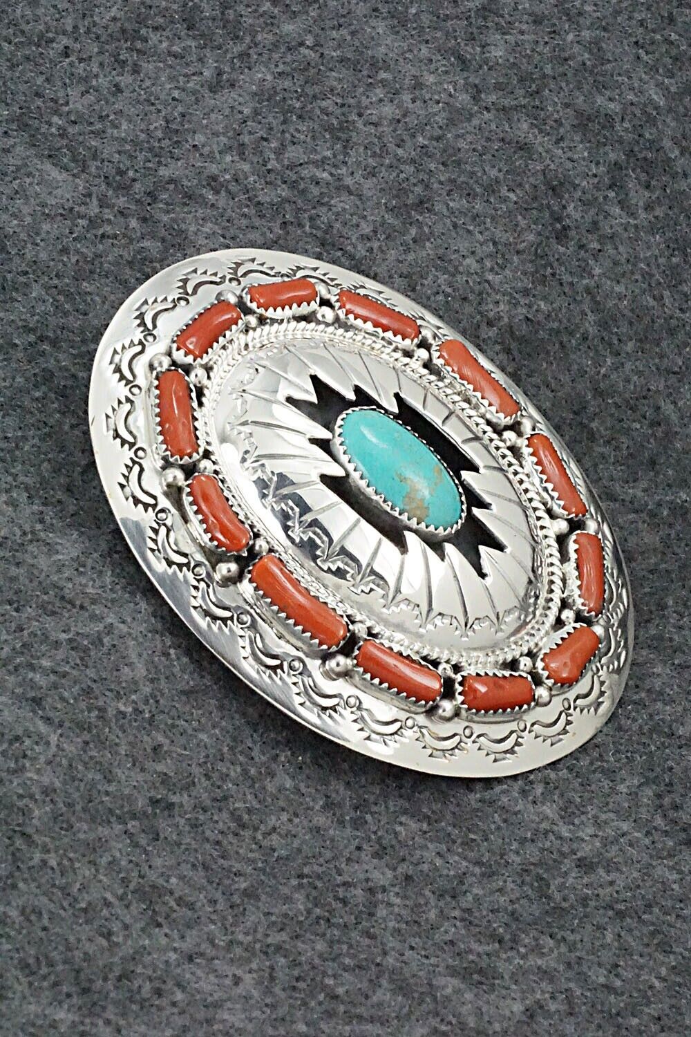 Turquoise, Coral & Sterling Silver Belt Buckle - Wilbert Muskett Sr.