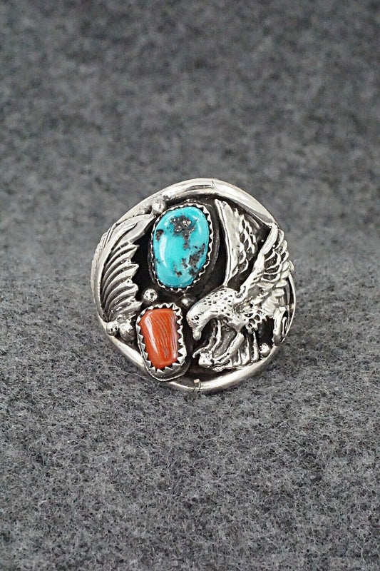 Turquoise, Coral & Sterling Silver Ring - Jeannette Saunders - Size 13.75