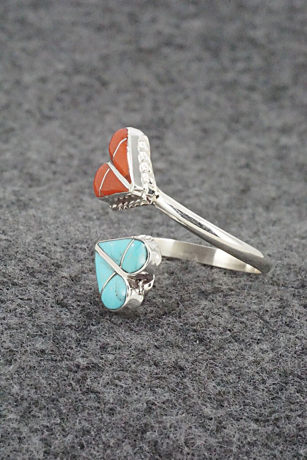 Turquoise, Coral & Sterling Silver Ring - Velda Nastacio - Size 8 Adj.