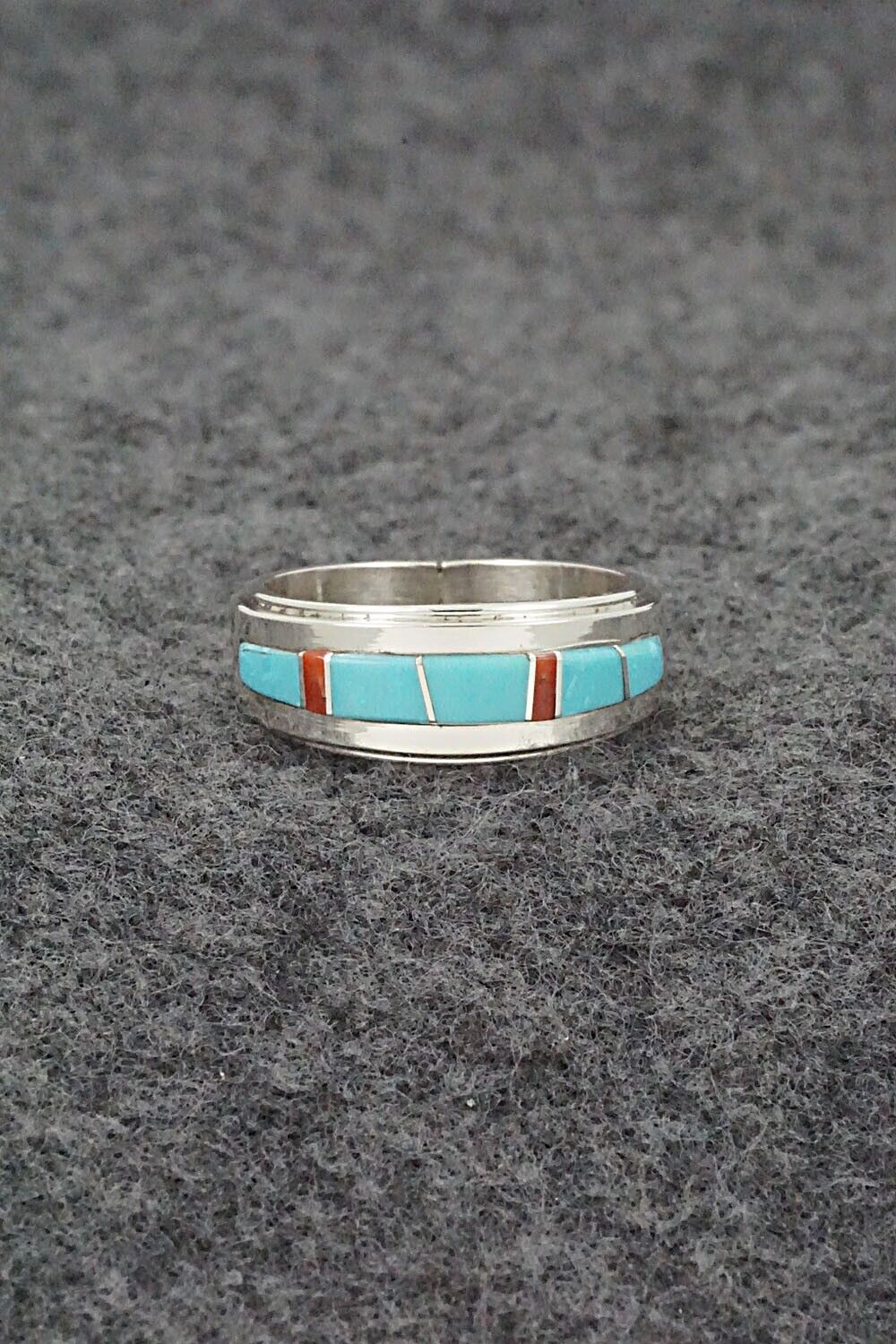 Turquoise, Coral & Sterling Silver Inlay Ring - Wilbert Muskett Jr. - Size 6