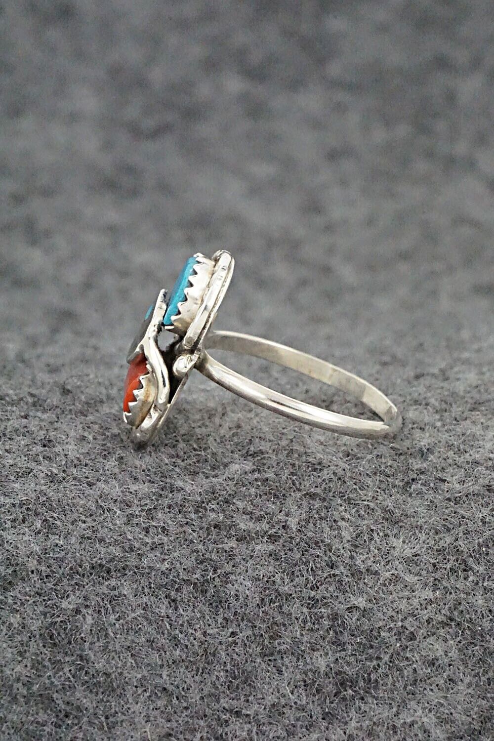 Turquoise, Coral & Sterling Silver Ring - Joy Calavaza - Size 8