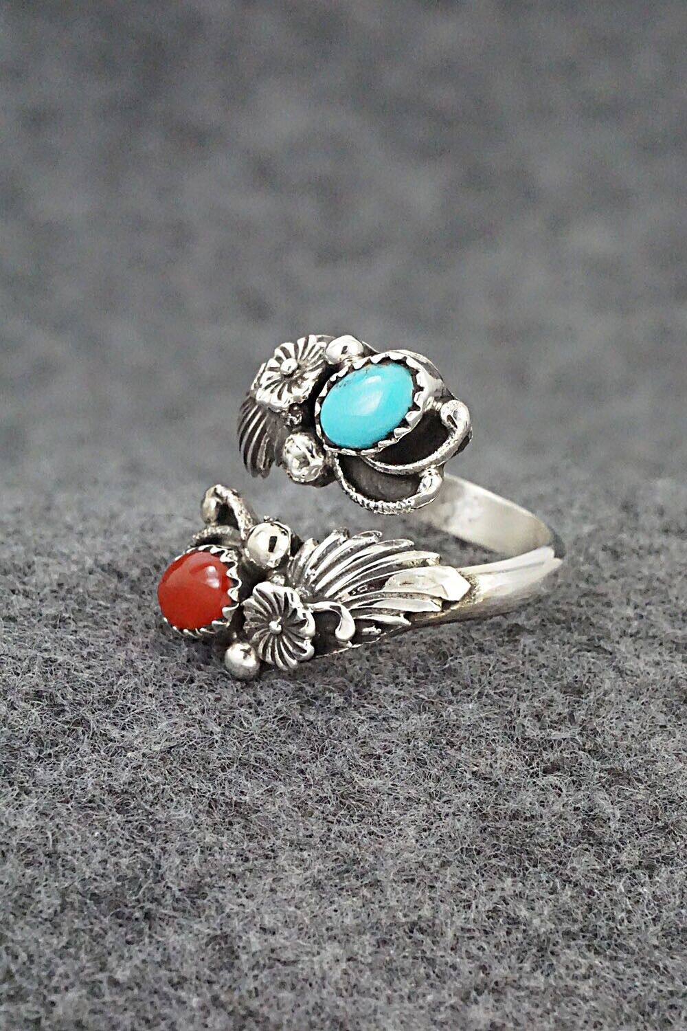 Turquoise, Coral & Sterling Silver Ring - Etta Belin - Size 8