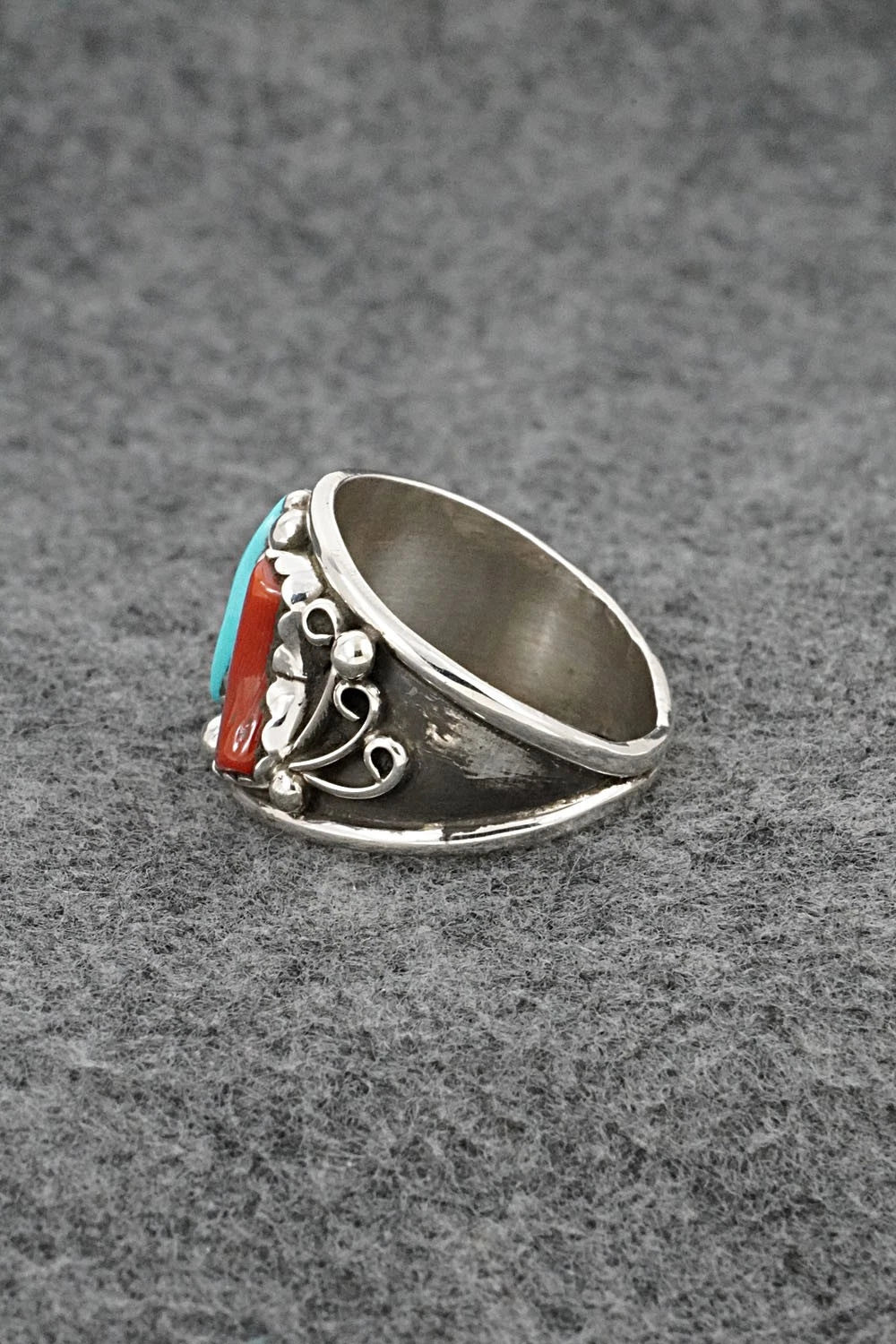 Turquoise, Coral & Sterling Silver Ring - Darrell Morgan - Size 13