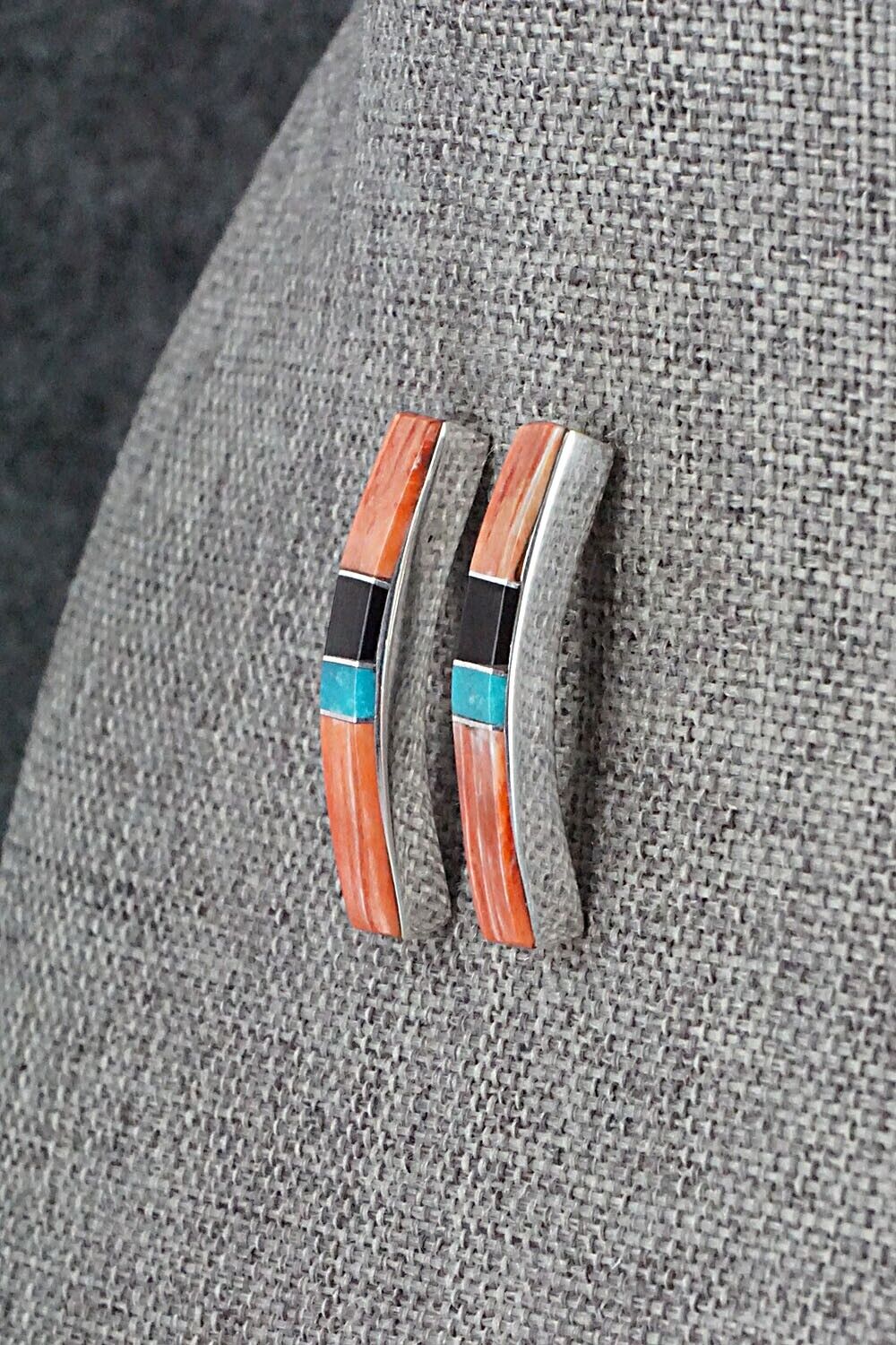 Spiny Oyster, Turquoise, Onyx & Sterling Silver Inlay Earrings - Marilyn Yazzie