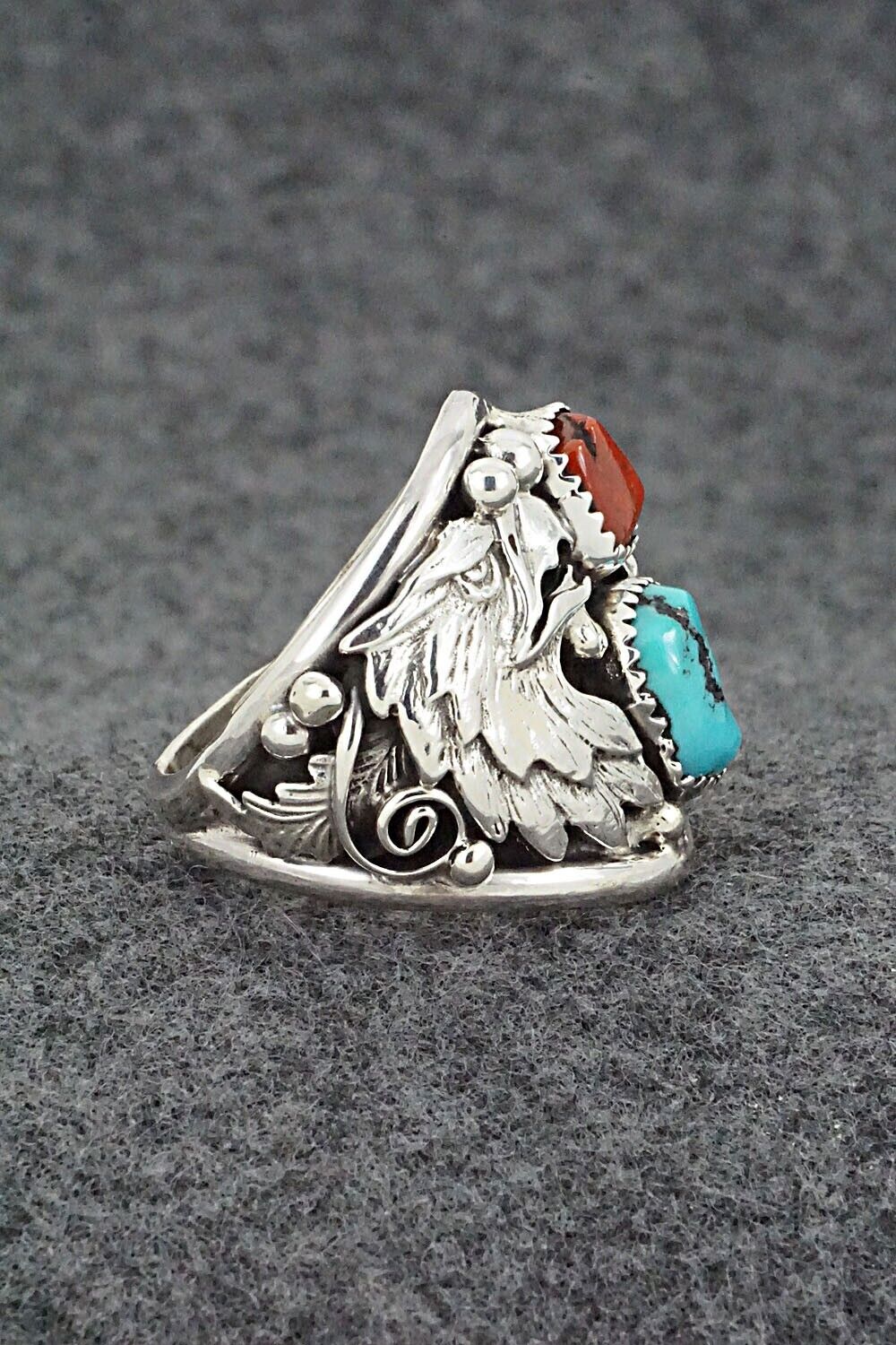 Turquoise, Coral & Sterling Silver Ring - Jeannette Saunders - Size 11.5