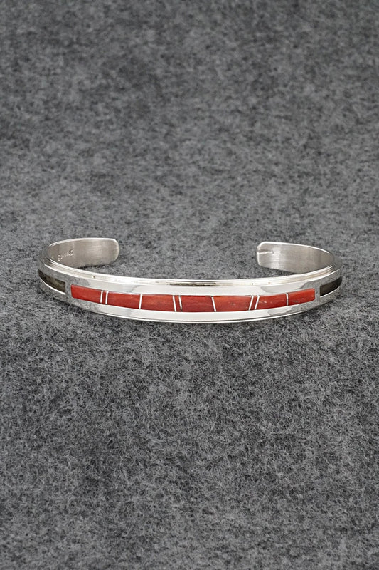 Coral Inlay & Sterling Silver Bracelet - Wilbert Muskett