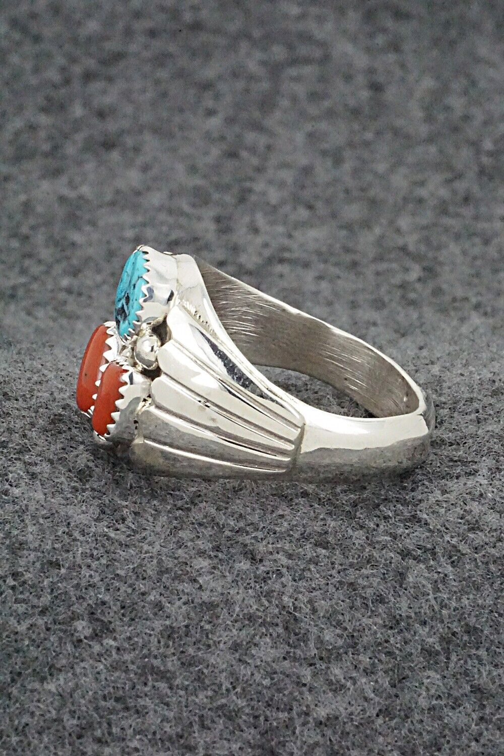 Turquoise, Coral & Sterling Silver Ring - Anna Spencer - 13.5