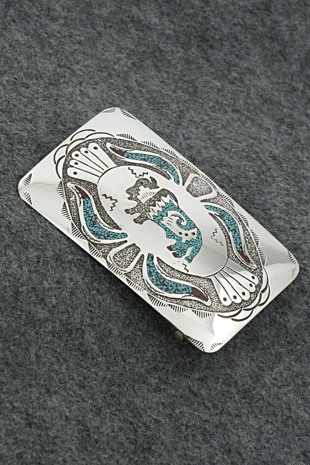 Turquoise, Coral Chip Inlay & Sterling Silver Belt Buckle - Raymond Begay