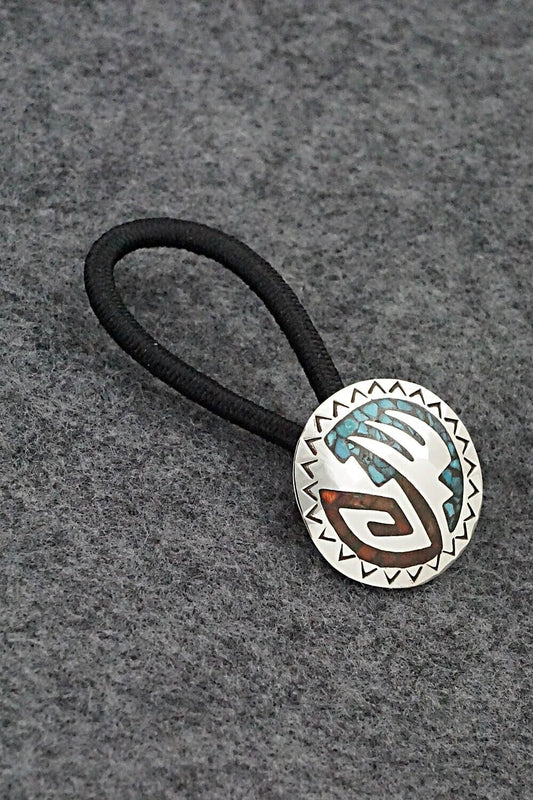 Turquoise, Coral Chip Inlay & Sterling Silver Hair Tie - Joleen Yazzie