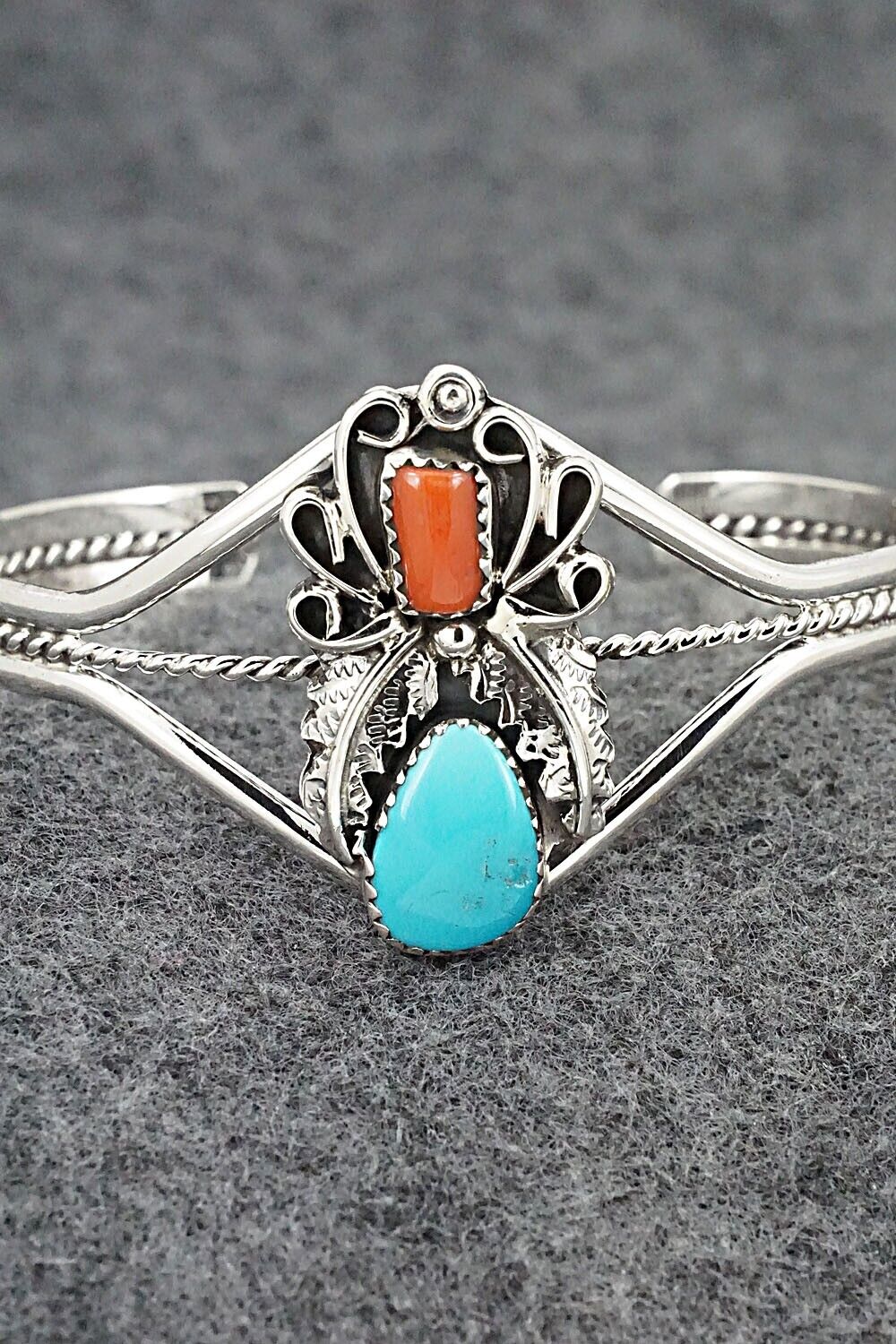Turquoise, Coral & Sterling Silver Bracelet - Harry B. Yazzie