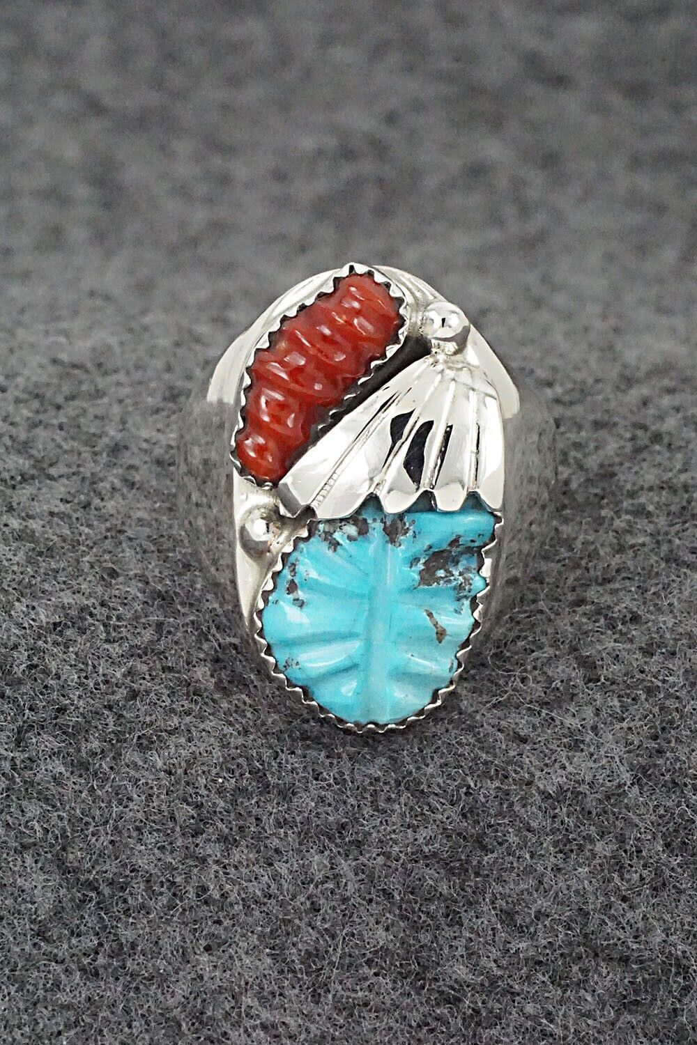 Coral, Turquoise & Sterling Silver Ring - Lyolita Tsattie - Size 10