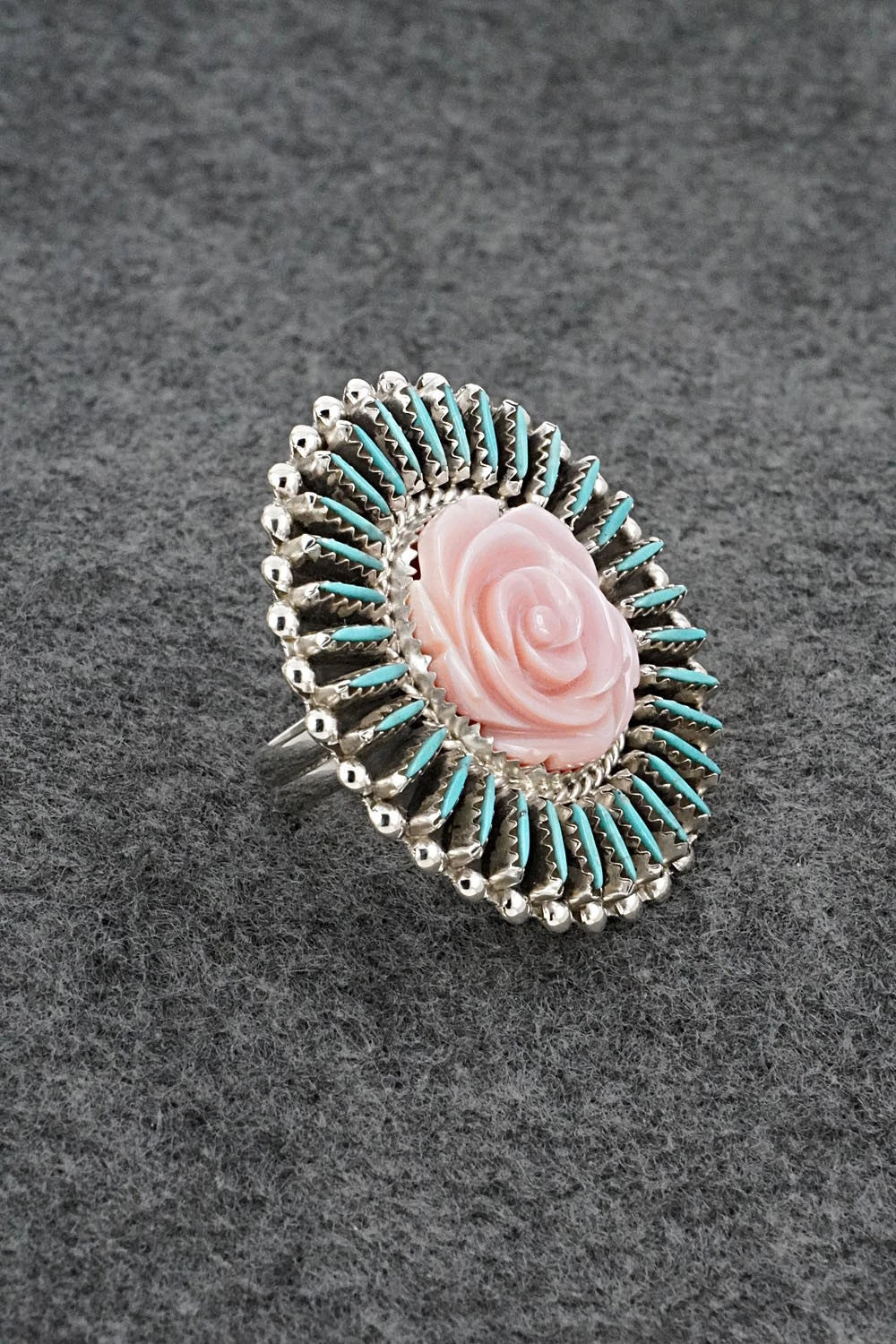 Turquoise, Pink Conch & Sterling Silver Ring - Roland Francisco - Size Adj.