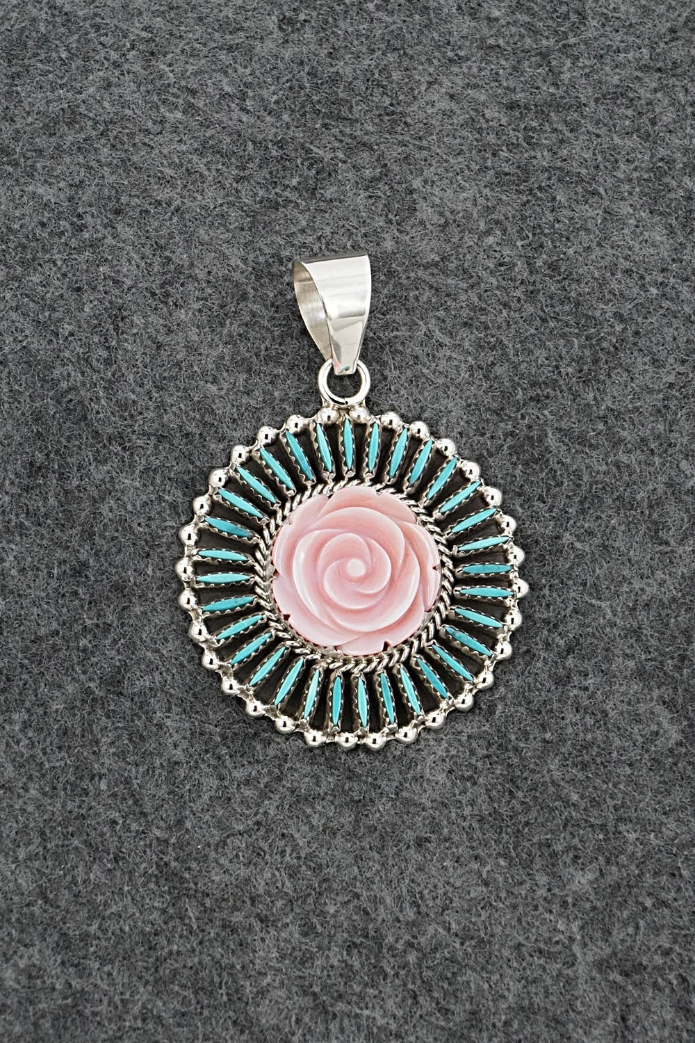Turquoise, Pink Conch & Sterling Silver Pendant - Roland Francisco
