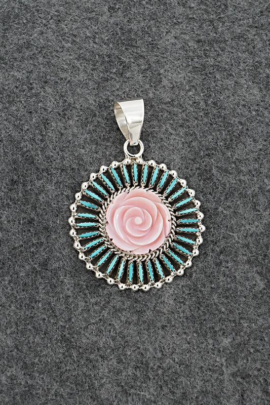 Turquoise, Pink Conch & Sterling Silver Pendant - Roland Francisco