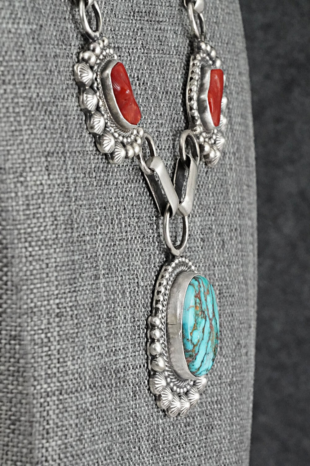 Turquoise, Coral & Sterling Silver Necklace and Earrings Set - Tom Lewis