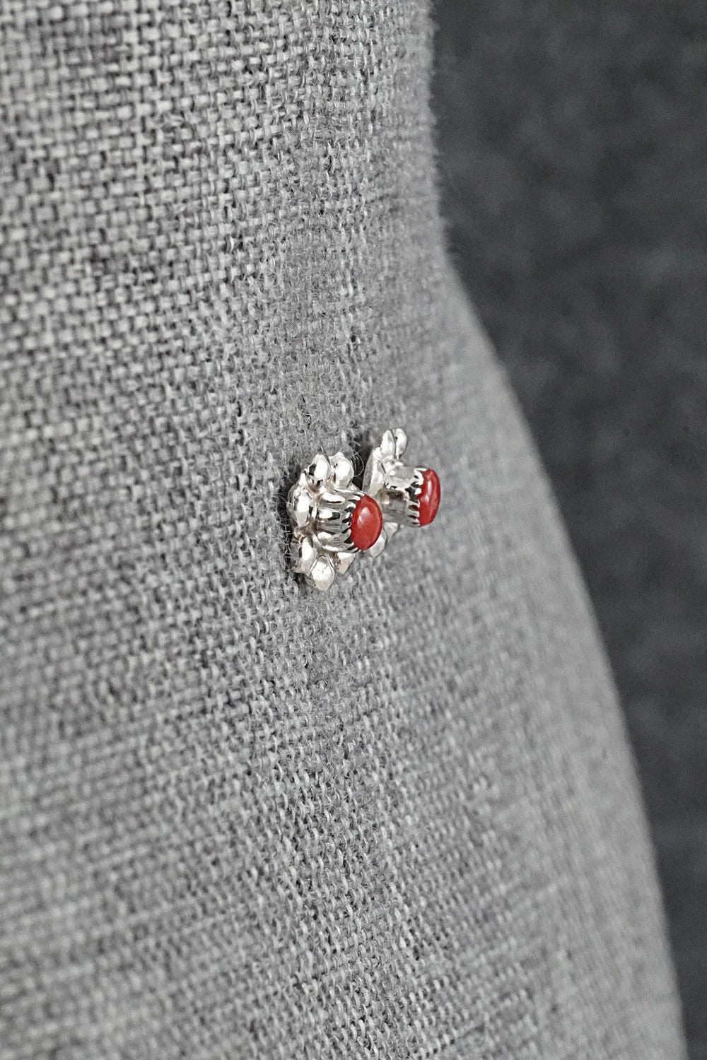 Coral and Sterling Silver Earrings - Ronald Yatsattie