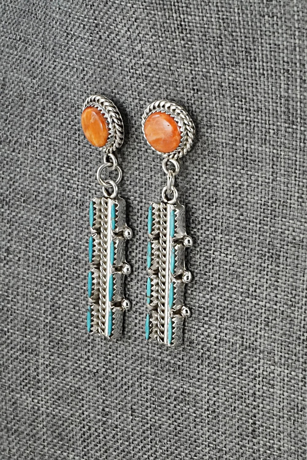 Turquoise, Spiny Oyster & Sterling Silver Earrings - Roland Francisco