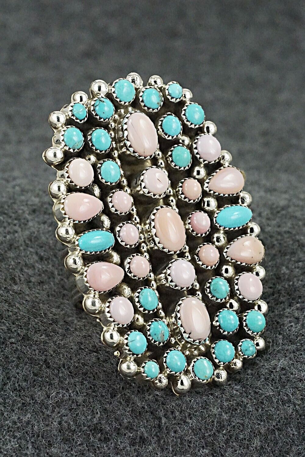 Pink Conch Shell, Turquoise & Sterling Silver Ring - Tina Jones - Size 9.5 (Adj)
