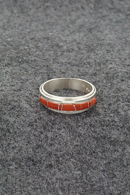 Coral & Sterling Silver Inlay Ring - Wilbert Muskett Jr. - Size 9