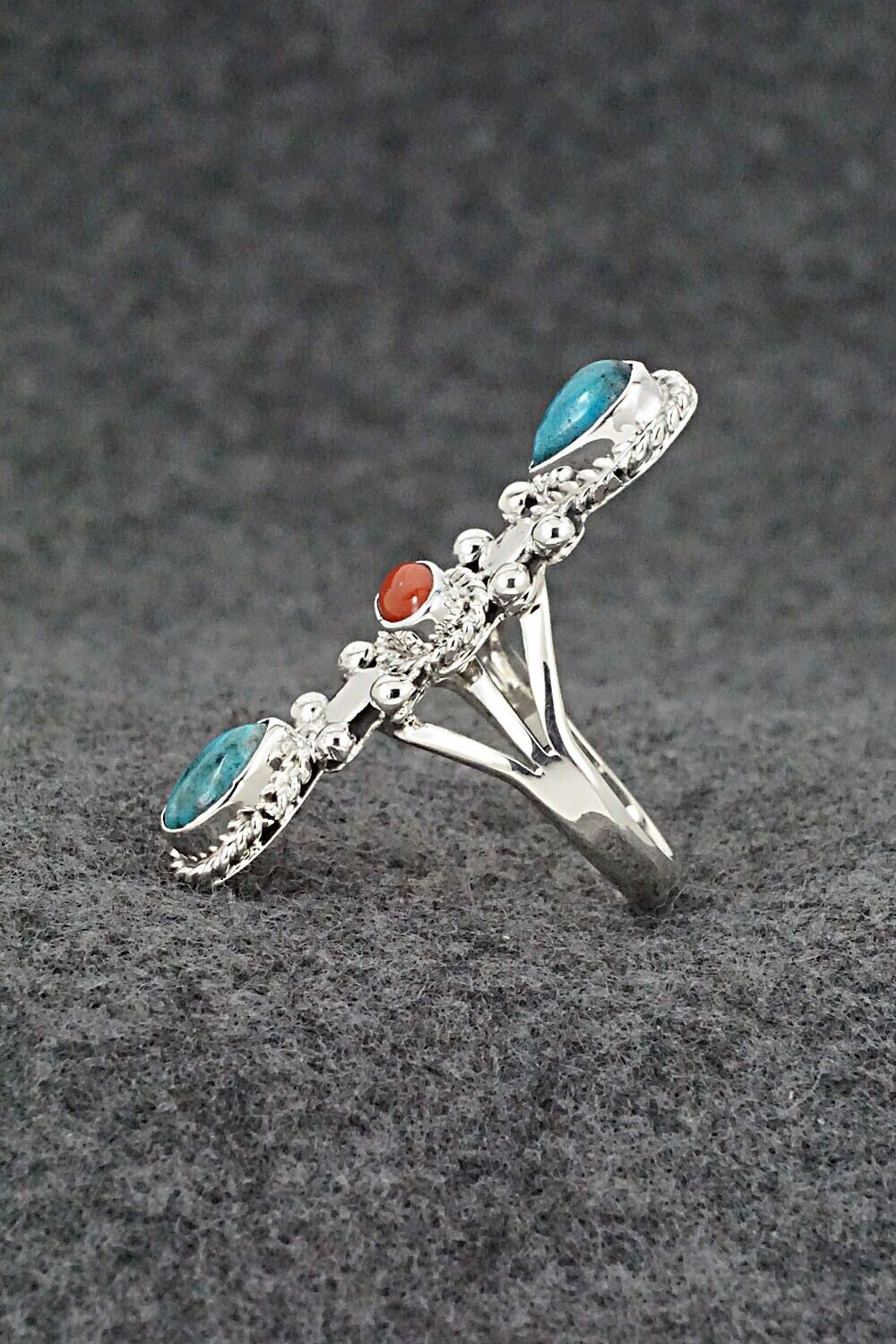 Turquoise, Coral & Sterling Silver Ring - Andrew Vandever - Size 7