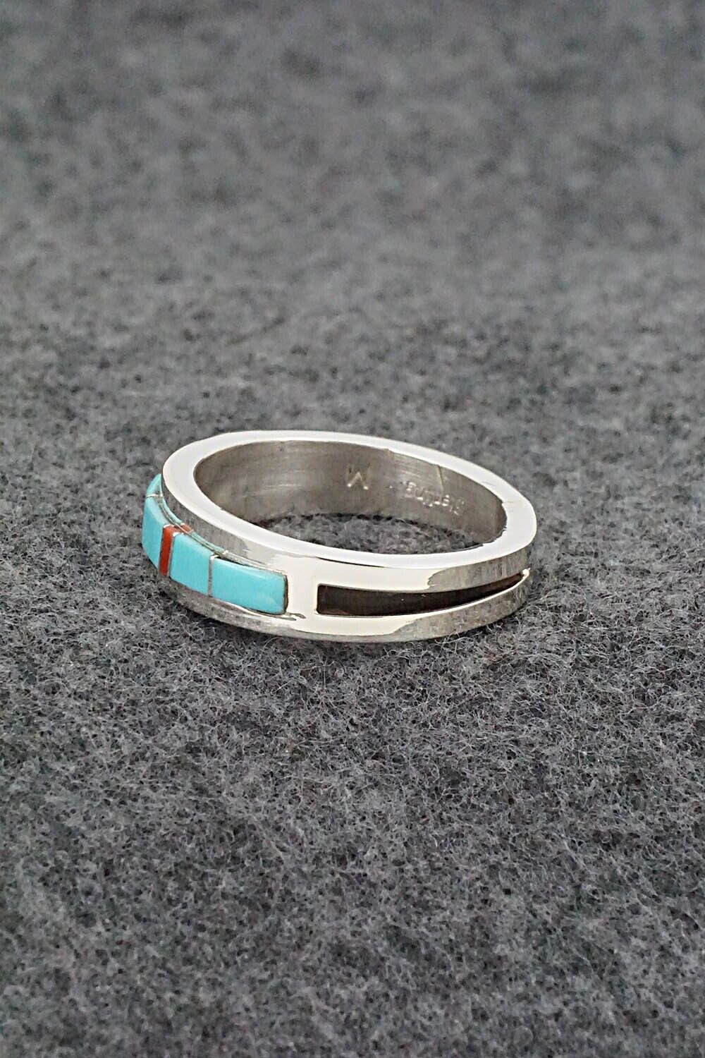 Turquoise, Coral & Sterling Silver Ring - Wilbert Muskett - Size 10.5
