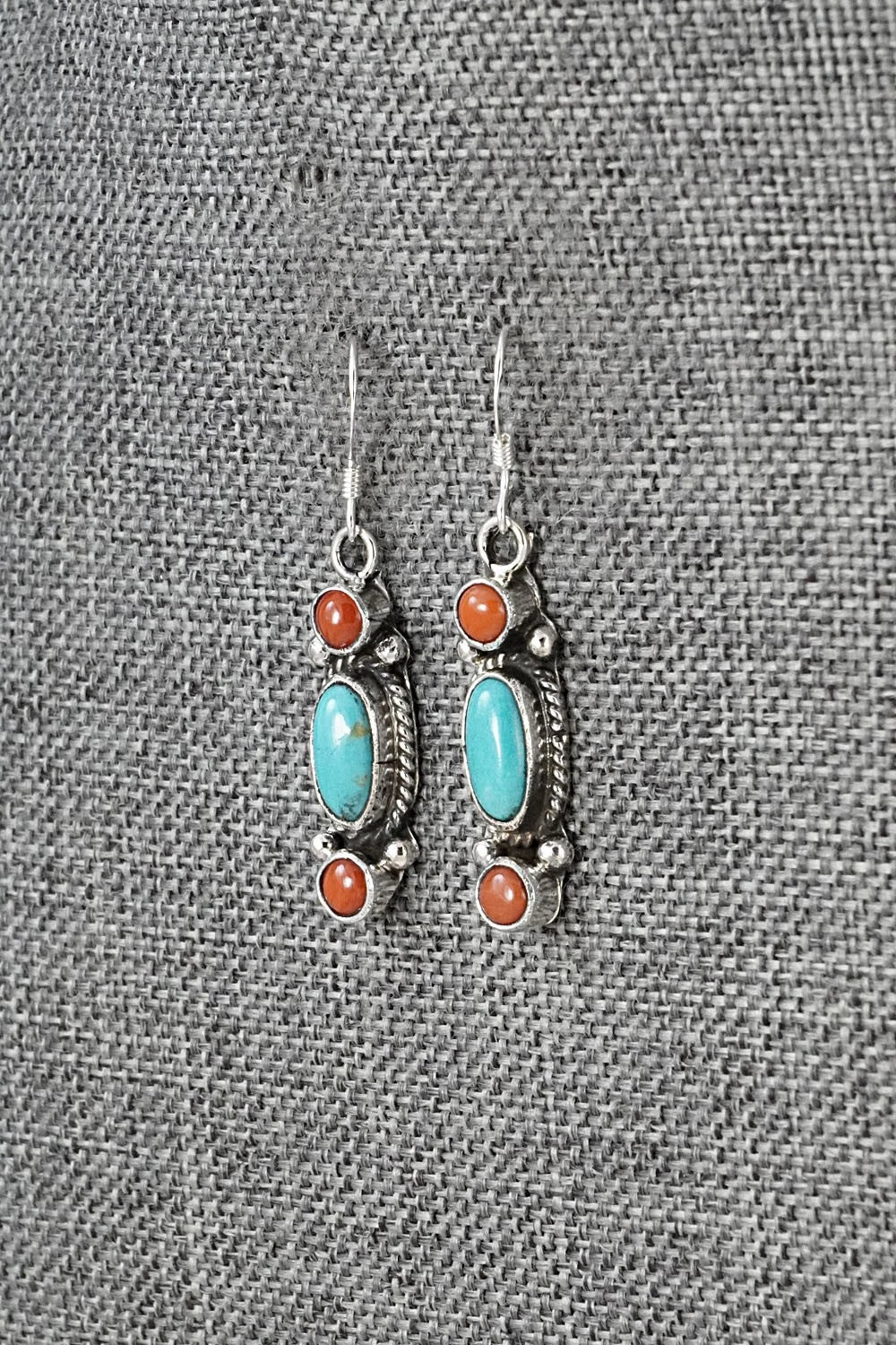 Turquoise, Coral & Sterling Silver Earrings - Verley Betone
