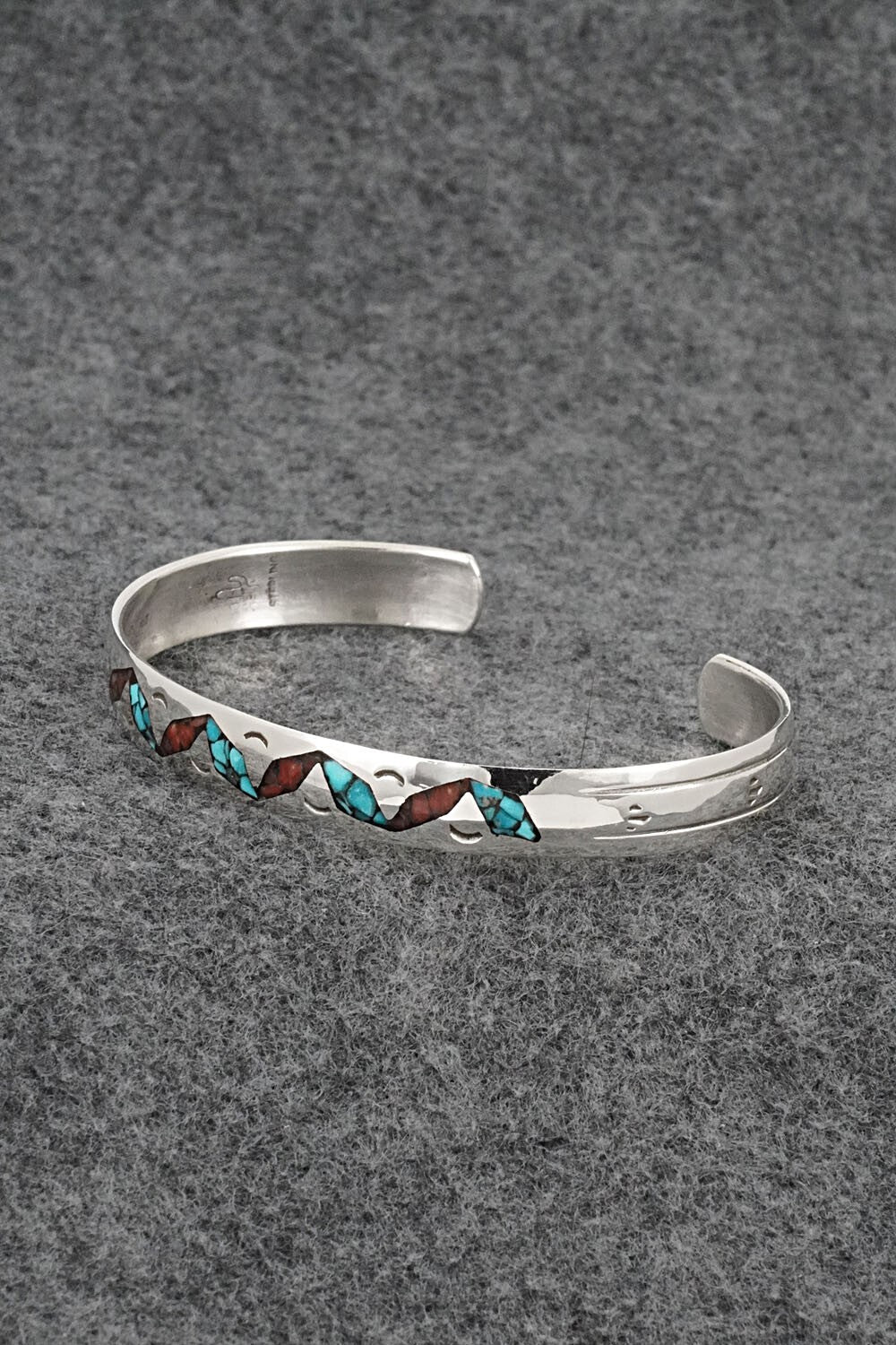 Turquoise, Coral Chip Inlay & Sterling Silver Bracelet - Joleen Yazzie