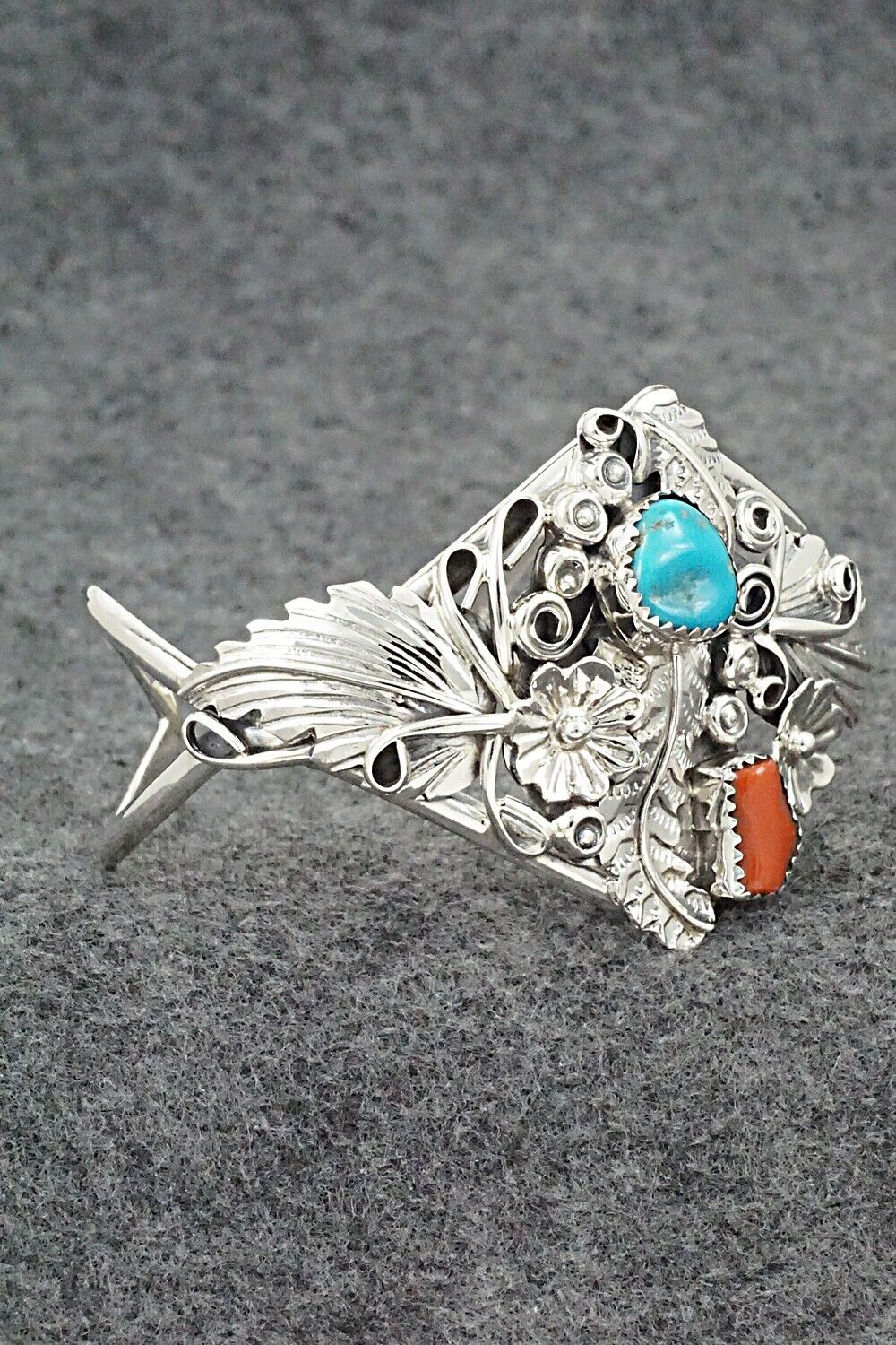 Turquoise, Coral & Sterling Silver Bracelet - Harry Yazzie