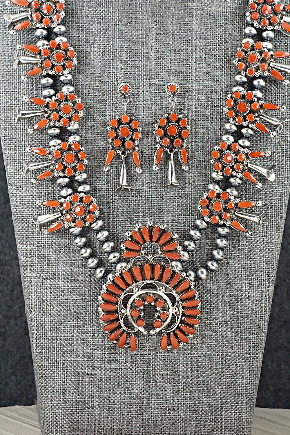 Coral & Sterling Silver Squash Blossom and Earrings Set - Viola Bobelu